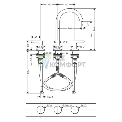 Смеситель для раковины AX One 170 мм, 3 отв., пуш-опен, шлифованный никель (48050820) - фото 2