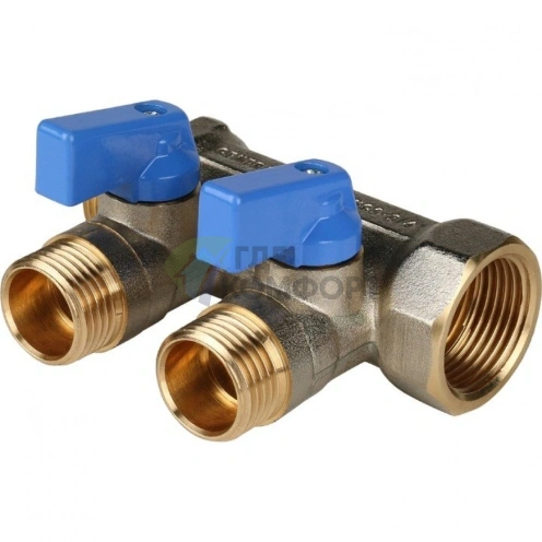 Коллектор распределительный 3/4 с запорными кранами и 2 отводами 1/2, ручки синие STOUT - фото 3