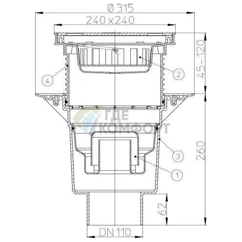 Трап HL616SW с решеткой в подрамнике 226x226 мм-грязеуловителем и вертикальным выпуском DN110 - фото 3