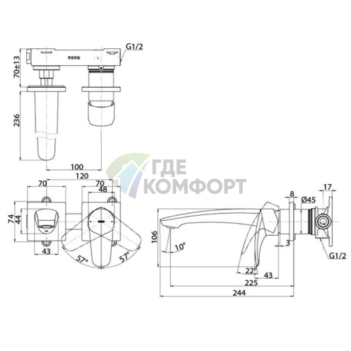 Смеситель для раковины TOTO GM встроенный на 2 отверстия, хром (TLG09308R) - фото 2