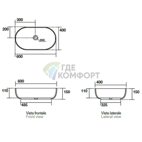Накладная раковина Kerasan Nolita 60x40 см белая глянцевая без отверстия под смеситель (534301) - фото 4