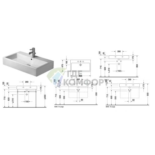 Раковина Duravit Vero Умывальник шлифованный с перел с 1 отв под смеситель включая крепление 800x470мм Цвет Черный - фото 2