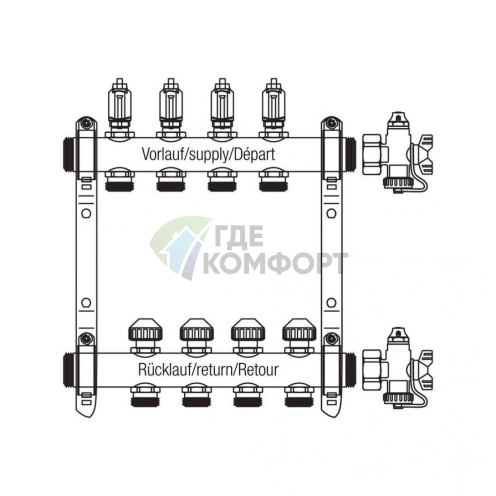 Коллекторная группа REHAU HKV-D на 2 выхода (РЕХАУ - 12080211002)1x3/4ЕК из нержавеющей стали с регулирующими и термостатическими вентилями и расходомерами - фото 3
