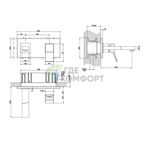 Смеситель Gessi Rettangolo K для раковины, встраиваемый, черный, излив 201 мм (53088#299) - фото 2
