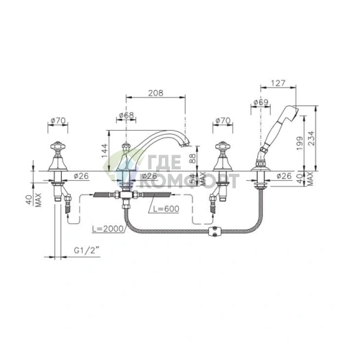 Смеситель для ванны Nicolazzi Teide Chic с ручным душем, 4 отверстия, золото (1904CR15C) - фото 2