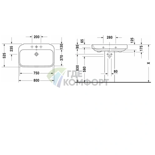 Раковина DURAVIT Happy D2 80x52,5 см с отверстием под смеситель и слив-переливом, белая (2316800000) - фото 2
