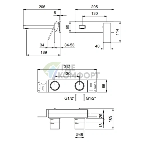 Смеситель для раковины Fantini Mint: встраиваемая модель на 2 отверстия без донного клапана, матовый черный (34 13 F813B) - фото 2