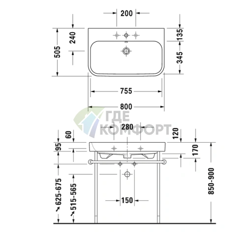 Раковина Duravit Happy D2 для мебели со шлифованным краем и переливом, 800×505 мм, белая (2318800028) - фото 2