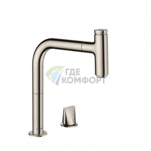 Кухонный смеситель Hansgrohe Metris Select M71 с вытяжным душем и поворотным изливом, цвет под сталь (73804800) - фото 1