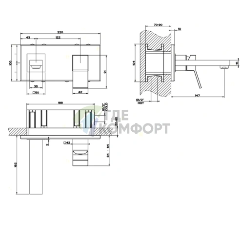Gessi Rettangolo K Встраиваемый однорычажный смеситель для раковины с изливом 147 мм в хроме (53089#031) - фото 2