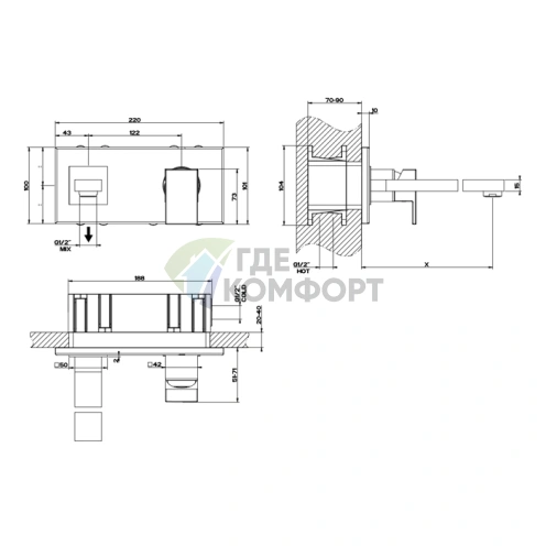Gessi Rettangolo: Встраиваемый смеситель с регулируемым изливом в элегантном черном цвете (44834#299) - фото 2