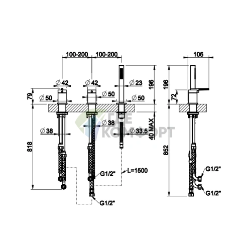 Gessi Ingranaggio Смеситель для ванны на 3 отверстия с функцией наполнения и лейкой в цвете хром (63547#031) - фото 2