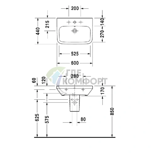 Подвесная раковина DuraStyle с полупьедесталом и переливом, 600x440 мм, белая (2319600000) - фото 4