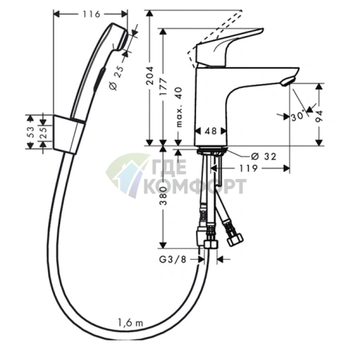 Набор для биде Hansgrohe Focus: смеситель для раковины и душ бидетте, хром (31927000) - фото 2