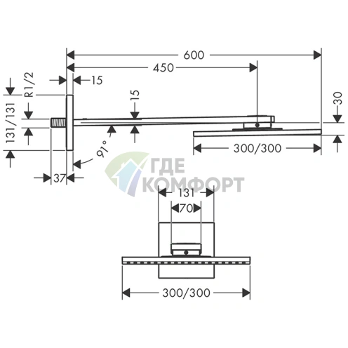 Верхний душ AX ShowerSolution 300x300 мм с держателем 450 мм, настенный монтаж, полированное золото (35314990) - фото 2