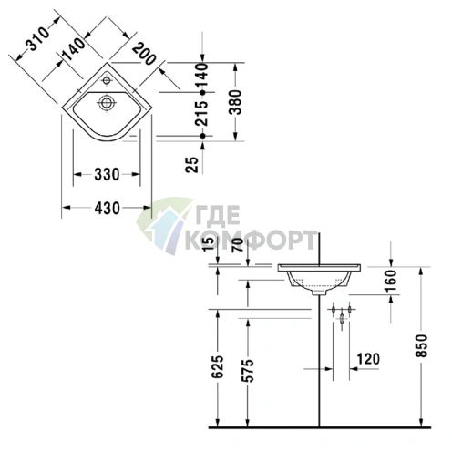 Угловая раковина Duravit Ph Starck 3 430x380 мм с переливом (752440000) - фото 4