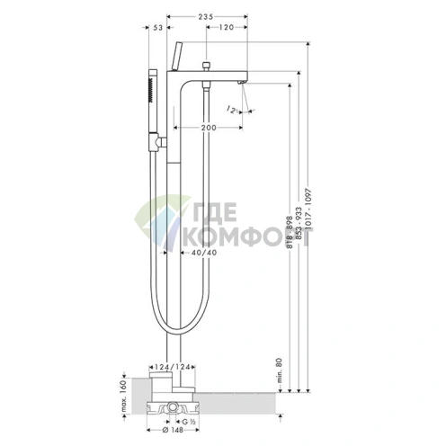 Смеситель для ванны AX Citterio в цвете шлифованный черный хром (39451340) - фото 2