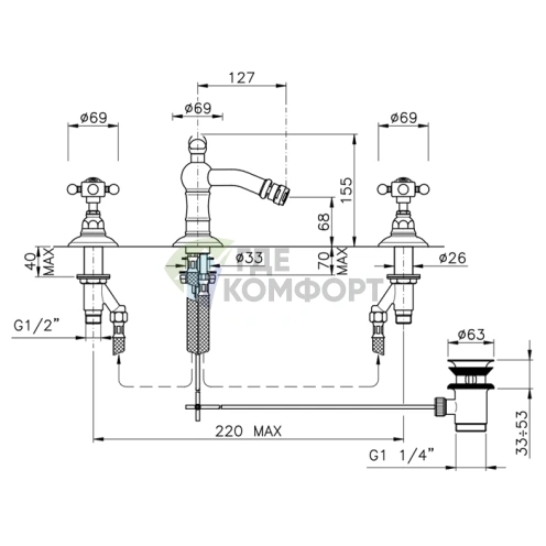 Смеситель для биде Nicolazzi Half Dome Crystal на 3 отверстия с донным клапаном, излив 127 мм, хром (1415CR93) - фото 2