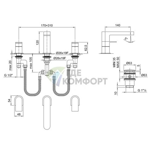 Смеситель для раковины Fantini Mare с нажимным донным клапаном, 3 отверстия, хром (51 02 6304) - фото 2