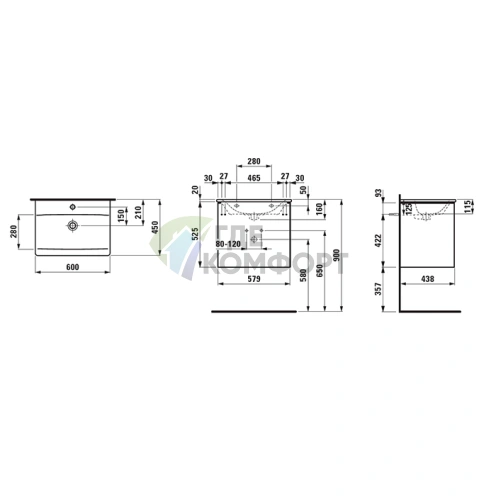 Комплект мебели Laufen Palace 60 см с раковиной Slim и 2 ящиками белый глянцевый (8.6070.2.261.104.1) - фото 2