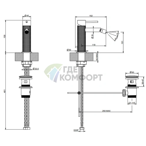 Смеситель для биде GESSI 316 с донным клапаном, цвет brushed black metal PVD (54407#707) - фото 2