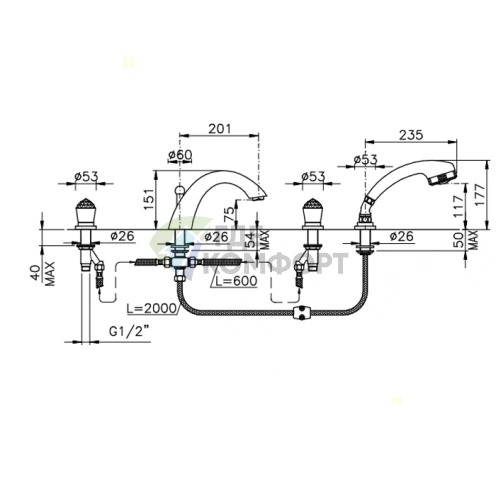 Смеситель для ванны Nicolazzi Cristallo на 4 отверстия, хром (2004CR22) - фото 2