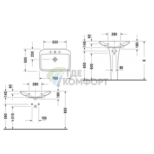 Раковина Duravit PuraVida без перелива 700x500 мм, белая, с глубокой чашей и выпуском (2701700030) - фото 4