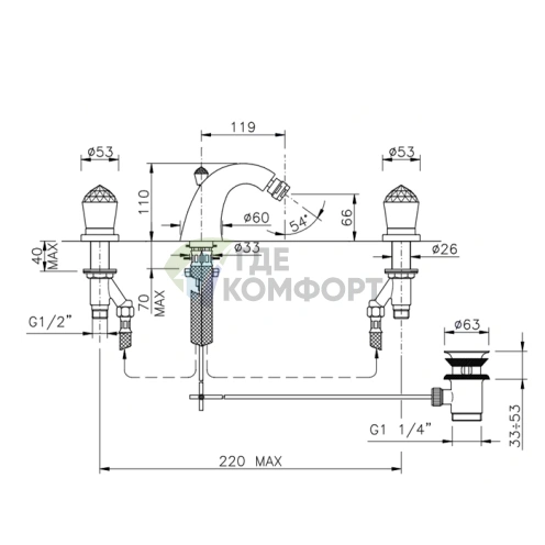 Смеситель для биде Nicolazzi Cristallo двухвентильный (хром, излив 119 мм) (2015CR22) - фото 2