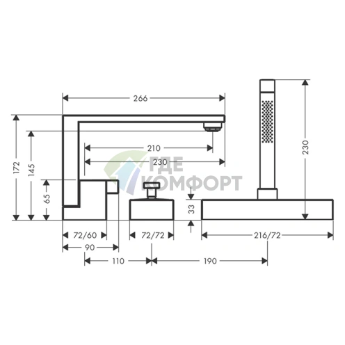 Смеситель для ванны AX Edge с ручным душем, полированный черный (46430330) - фото 2