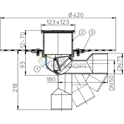 Трап HL80H с решеткой 115x115 мм-гидроизоляционным полотном-незамерзающим затвором и выпуском в виде поворотного шарнира от 0° до 90° - фото 3
