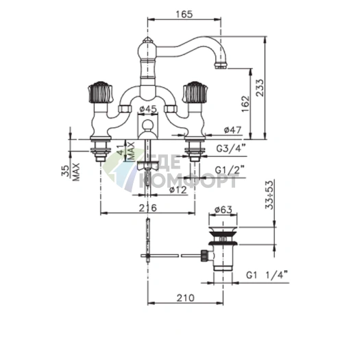 Смеситель для раковины Nicolazzi Onice на 2 отверстия с донным клапаном, хром (2119CR09O) - фото 2