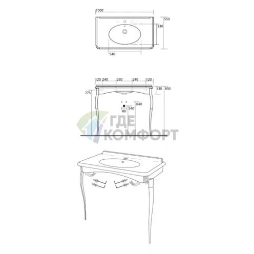 Консольная раковина KERASAN Retro 100×55 см белая с ножками (арт.736090) (1049K0 bi*3 cr legs) - фото 2