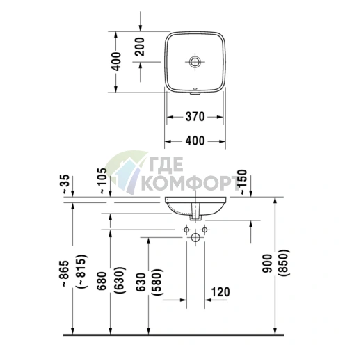 Встраиваемая раковина Duravit DuraStyle 400x400 мм без отверстия, белая (373370022) - фото 2