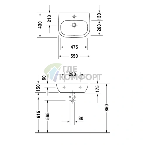 Медицинская раковина Duravit D-Code без перелива и отверстия 550x430 мм белого цвета (23115500702) - фото 2