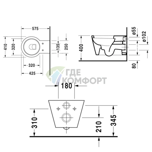 Подвесной унитаз Duravit 575x410 мм с системой крепления DURAFIX (210090064) - фото 2
