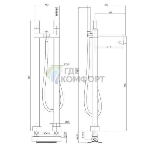 Смеситель для ванны напольный Fantini Venezia с ручным душем, цвет Matt Gun Metal PVD (29 P5 N580SB) - фото 2