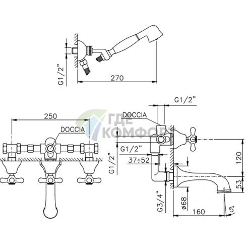 Смеситель для ванны Nicolazzi Nuova Brenta трехвентильный встраиваемый с душевой лейкой, бронза (2503BZ) - фото 2