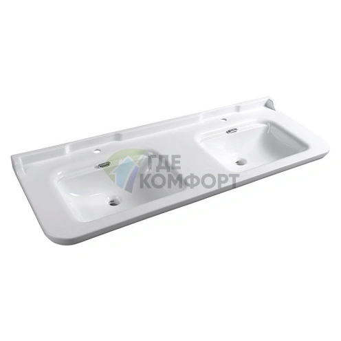 Керамическая двойная раковина Kerasan Waldorf 150×55 см белая с отверстием под смеситель и хромированными заглушками (4143K1bi/cr*1) - фото 1