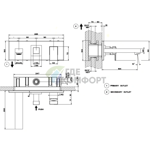 Gessi Rettangolo Встраиваемый Смеситель с Изливом и Переключателем PUSH в Хроме (44906#031) - фото 2