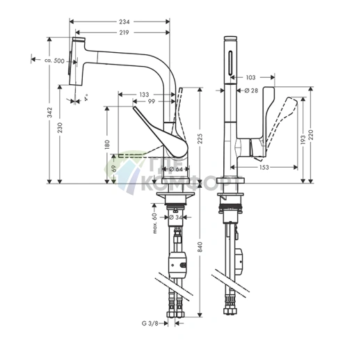 Кухонный смеситель AX Citterio с выдвижным душем, нержавеющая сталь (39863800) - фото 2