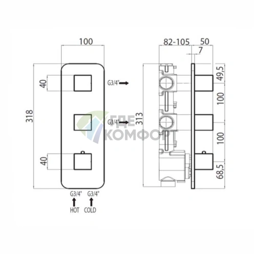 Встречная часть термостата Bossini с 2 запорными клапанами и выходами для вертикального/горизонтального монтажа (Z030201000) - фото 2