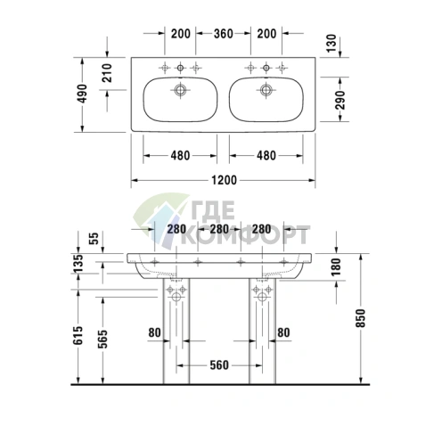 Раковина Duravit D-Code двойная накладная с переливом и 3 отв. под смеситель 1200x490 мм, белый (3481200302) - фото 2