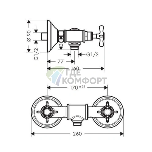 Настенный смеситель для душа AX Montreux с двумя выходами в полированном золоте (16560990) - фото 2