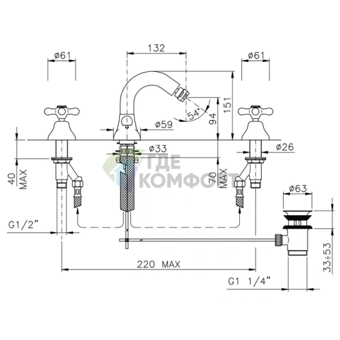 Смеситель для биде Nicolazzi Nuova Brenta на 3 отверстия с донным клапаном, излив 132 мм, цвет бронза (2515BZ) - фото 2