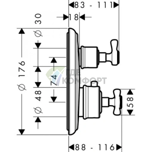 Термостат для душа AX Montreux встраиваемый с запорным вентилем, хром (16800000) - фото 2