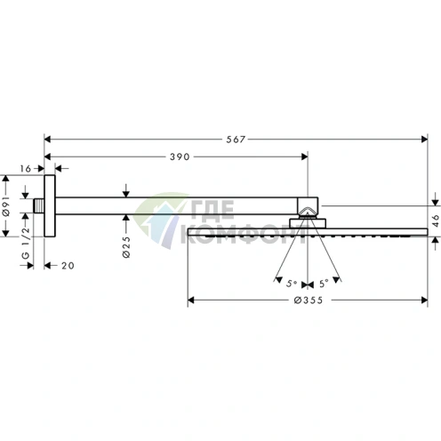 Верхний душ AX настенный, 350 мм, 1 струя, с держателем 390 мм, цвет «Шлифованный черный хром» (26034340) - фото 2