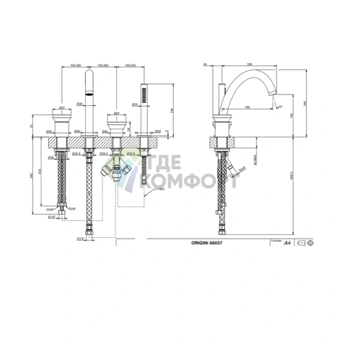 Смеситель для ванны GESSI Origini на 4 отверстия с ручной лейкой (66037#031) - фото 2