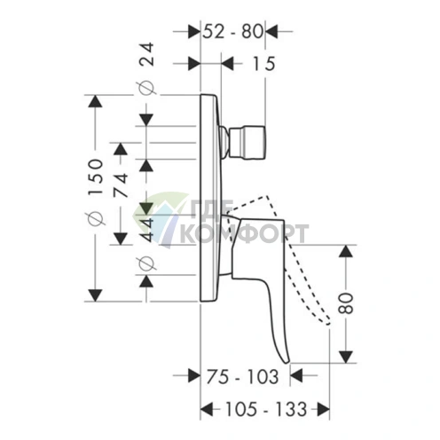 Смеситель для ванны Hansgrohe Metris со встраиваемым вакуумным переключателем (31484000) - фото 2