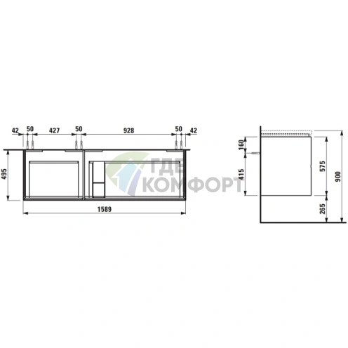 Тумба под раковину Laufen Palomba 814808 с 4 ящиками, 1585×495×590 мм, белая матовая (4.0740.4.180.220.1) - фото 2