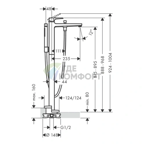 Смеситель для ванны напольный Hansgrohe Metropol с вакуумным переключателем и ручным душем 2jet (74532000) - фото 2